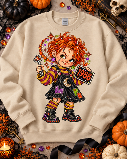 Spooky Rag Doll Girl 1988 Rhinestone Key Halloween (DTF)