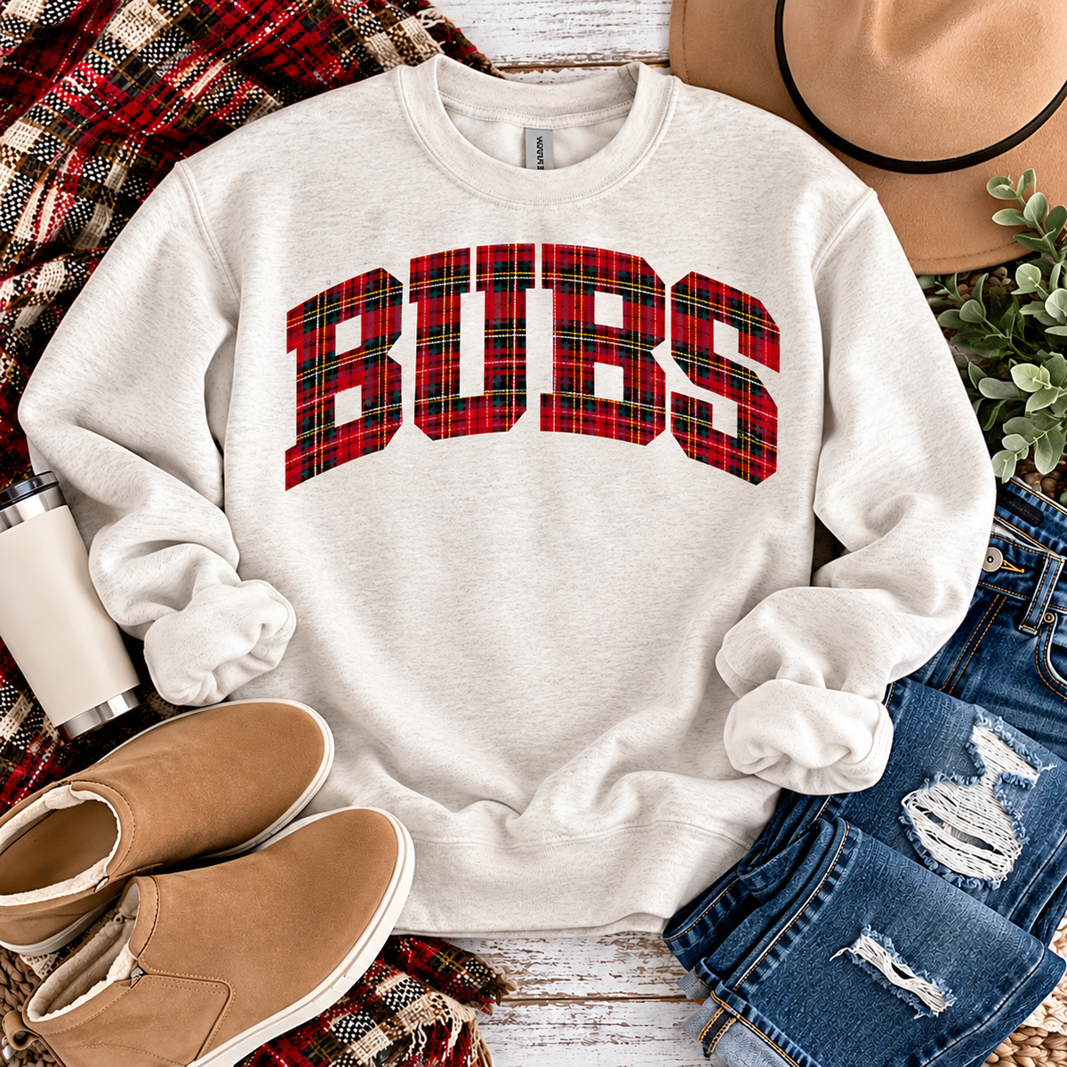Arched BUBS Red Plaid Varsity Letters (DTF)
