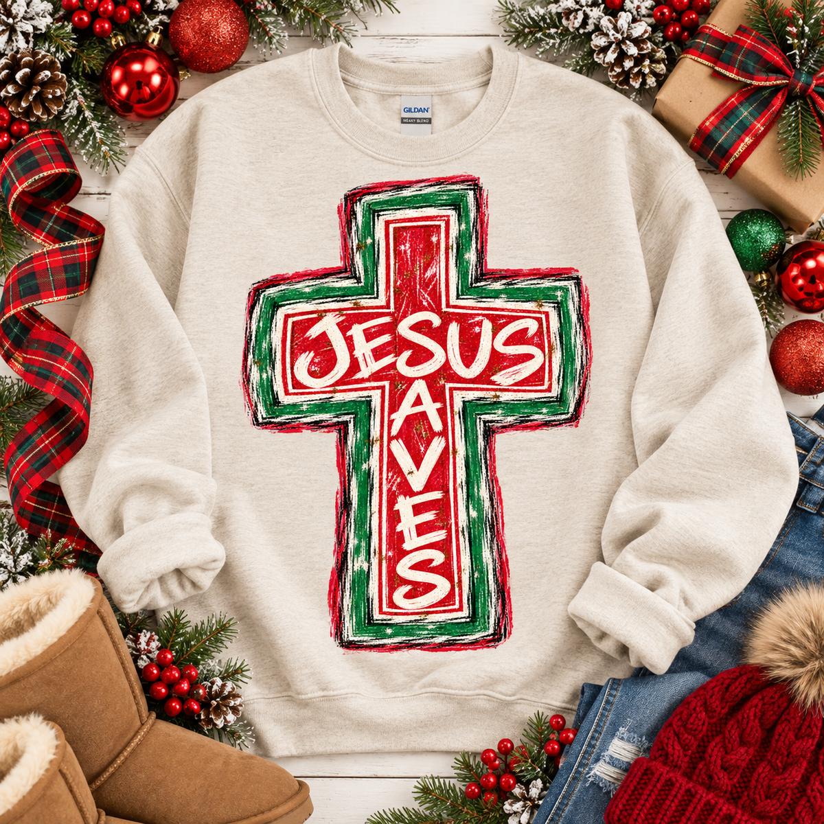 Jesus Saves Distressed Red Green Christmas Cross (DTF)