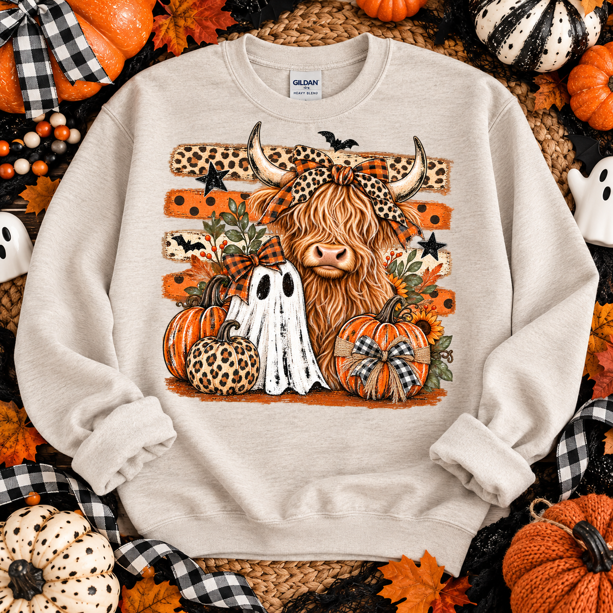 Halloween Highland Cow Ghost Pumpkins Leopard Bow (DTF)