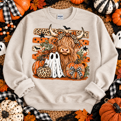 Halloween Highland Cow Ghost Pumpkins Leopard Bow (DTF)