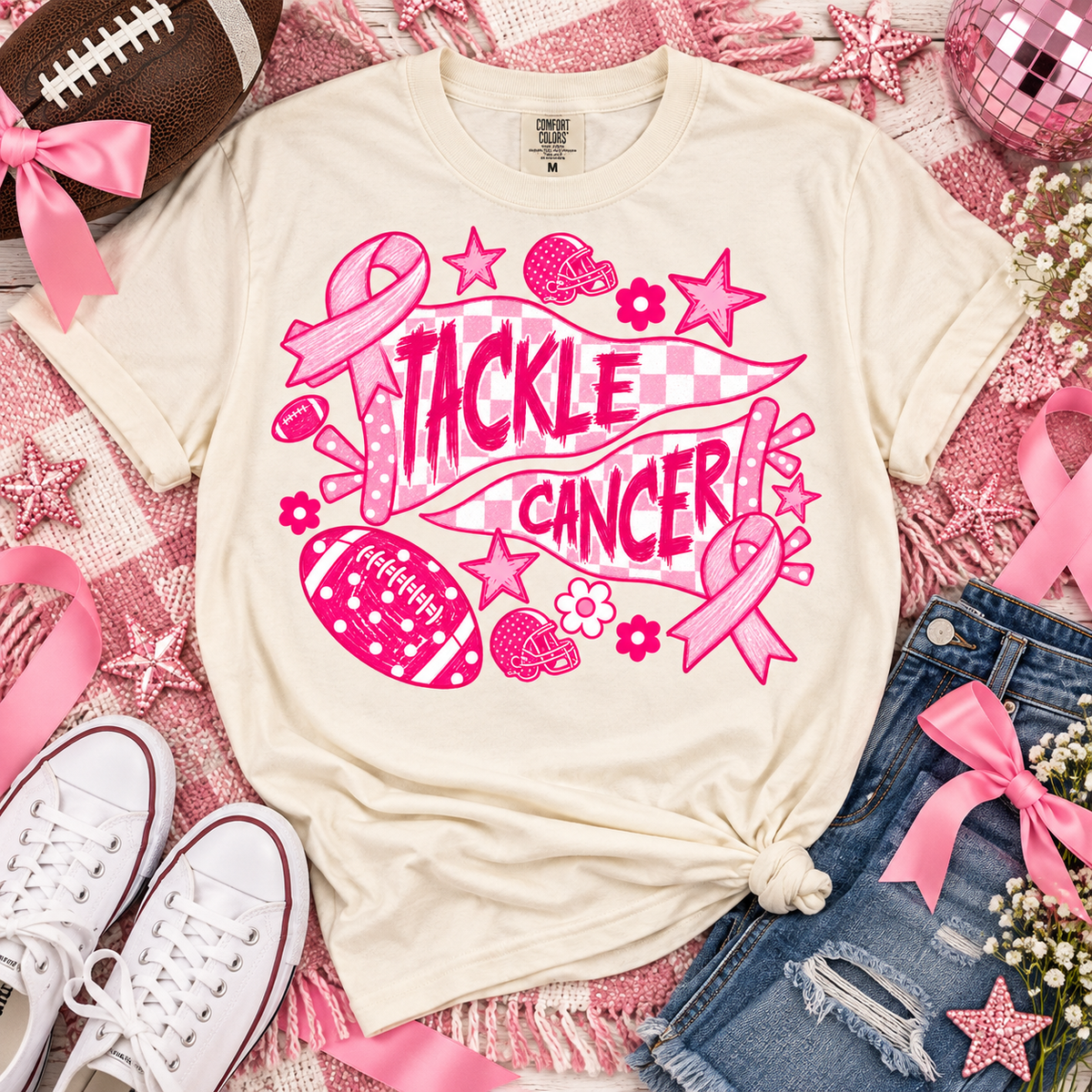 Tackle Cancer Pink Ribbon Football Awareness Design (DTF)