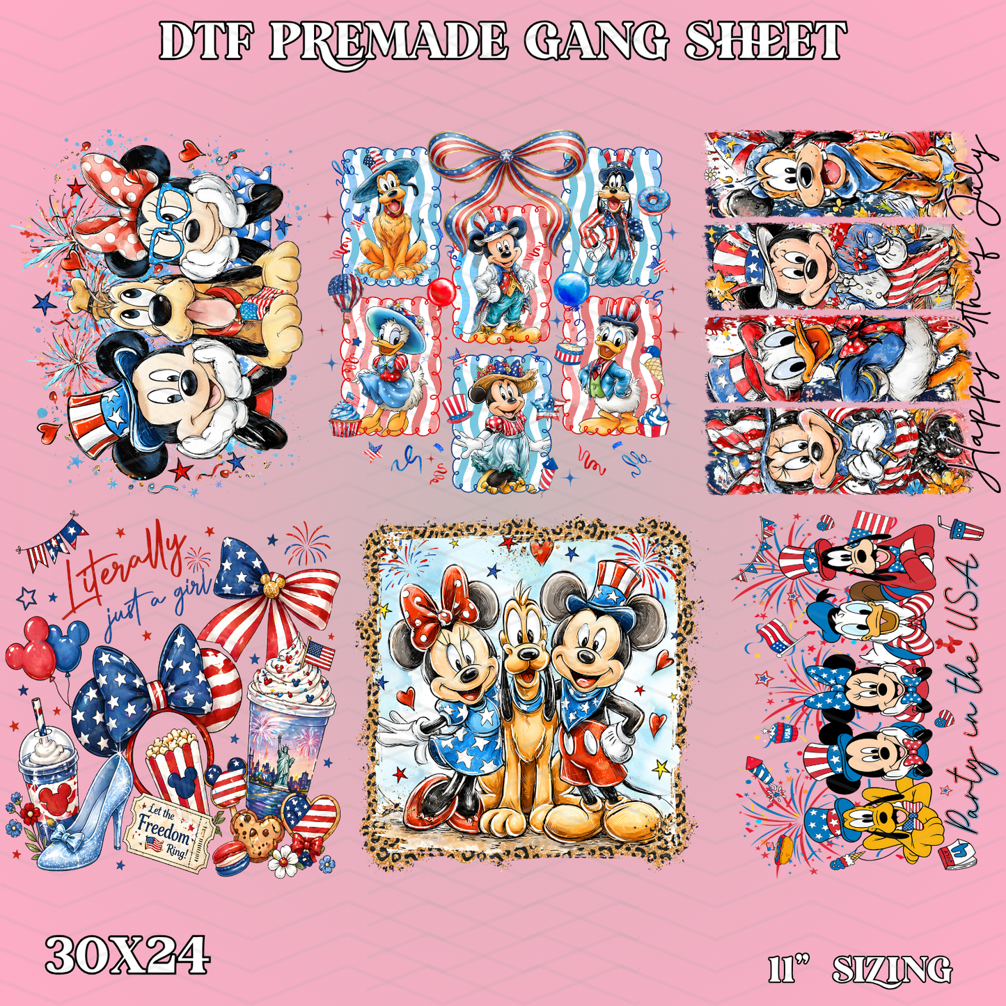 Cartoon 4th of july - 30x24 -  PREMADE GANG SHEET