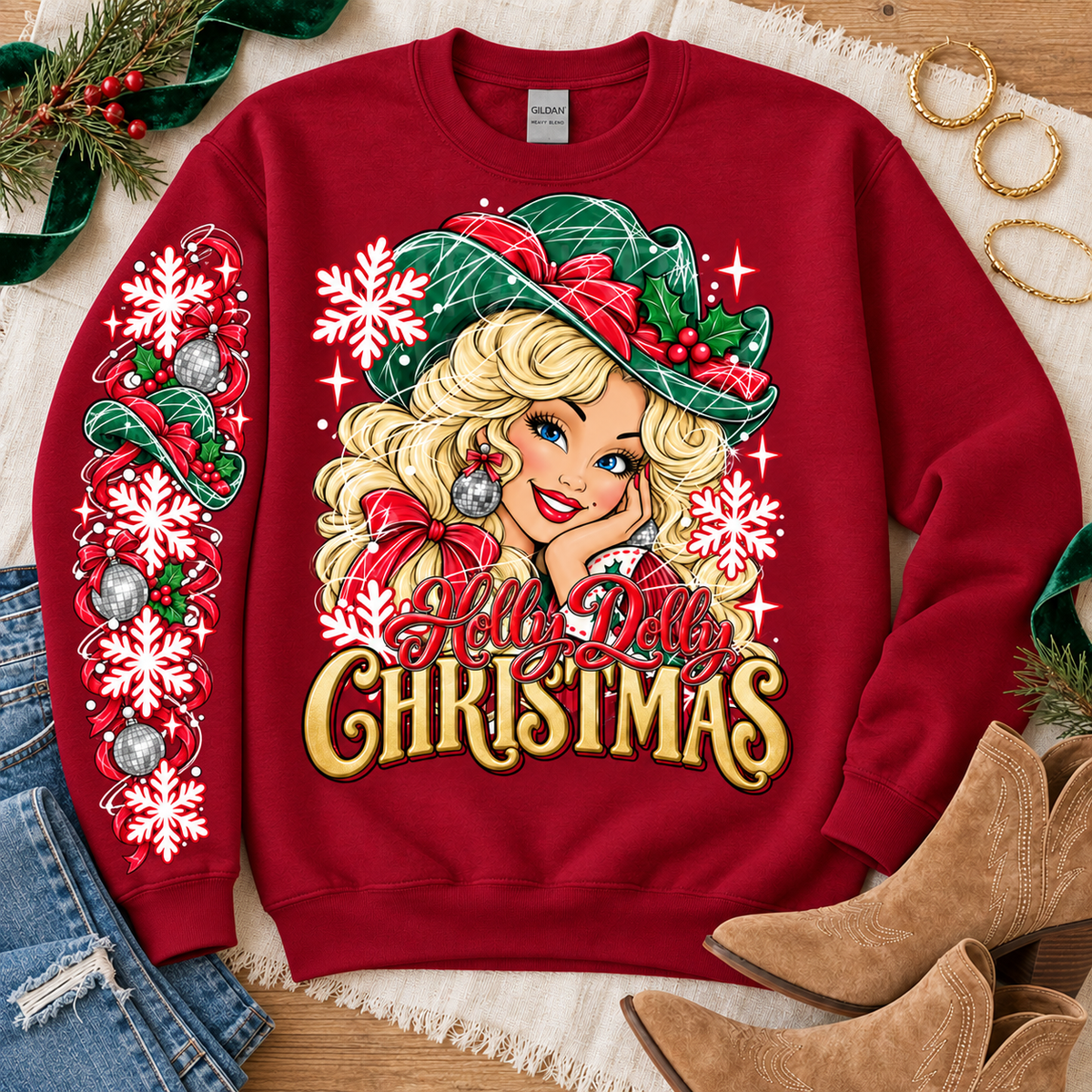 Holly Dolly Christmas Curly Blonde Country Girl Chest Print Only (DTF)