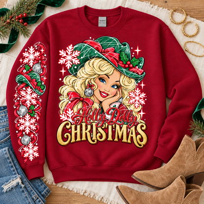 Holly Dolly Christmas Curly Blonde Country Girl Chest Print Only (DTF)