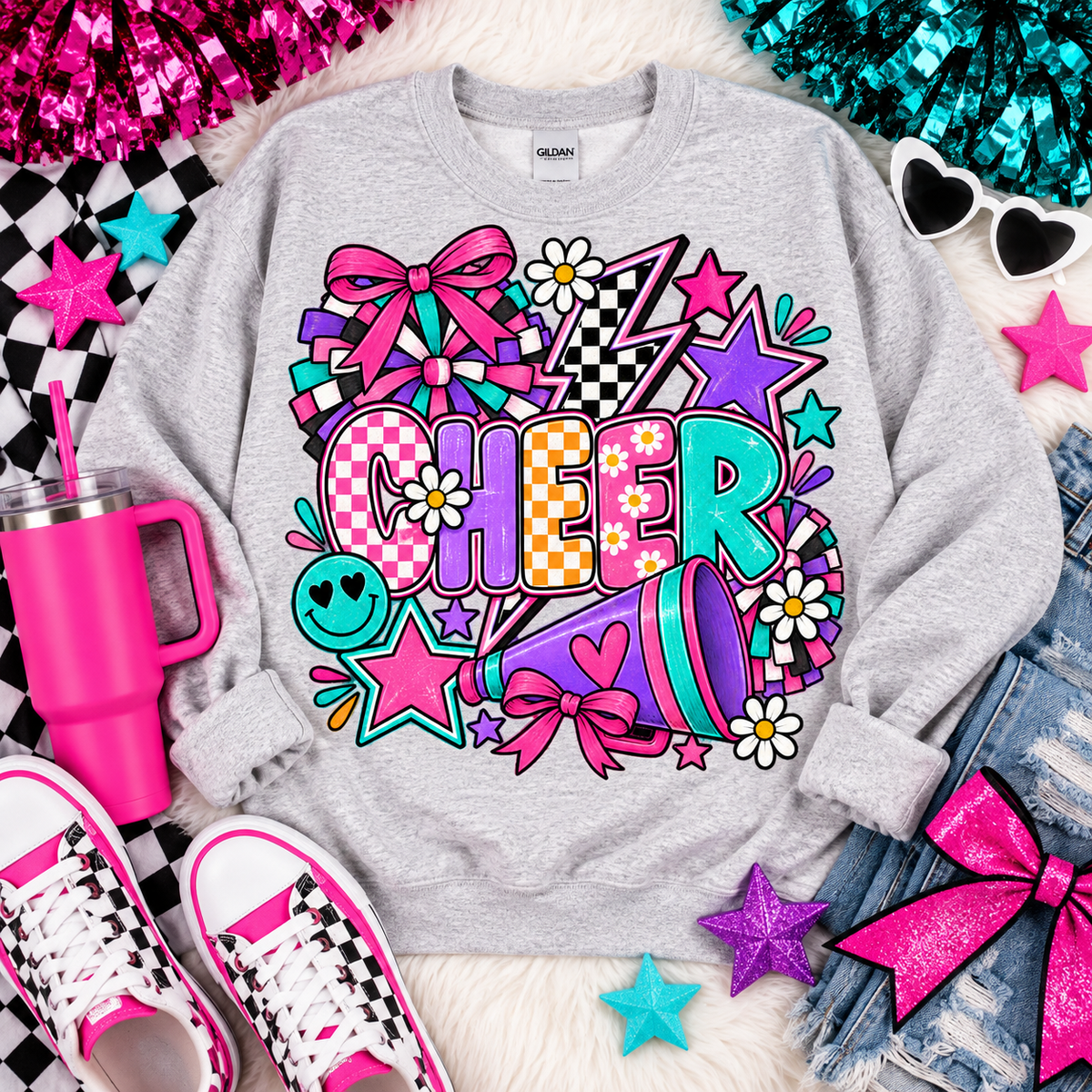 Colorful Cheer Doodle Bows Stars Megaphone Daisy Design (DTF)