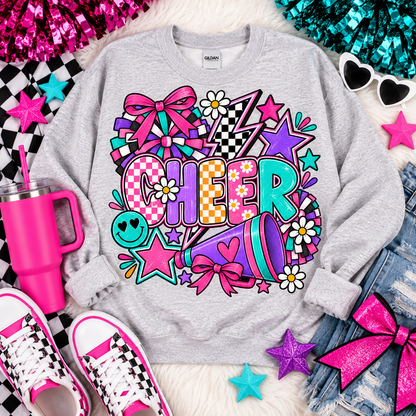 Colorful Cheer Doodle Bows Stars Megaphone Daisy Design (DTF)