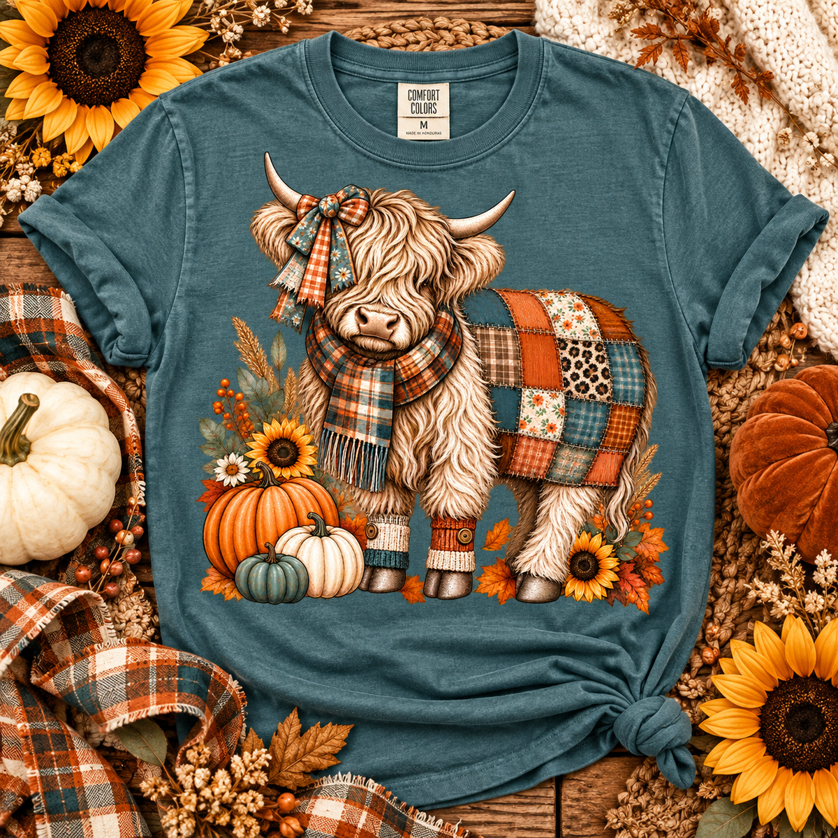 Autumn Highland Cow Patchwork Quilt Plaid Scarf Pumpkins (DTF)