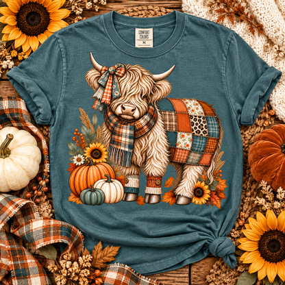 Autumn Highland Cow Patchwork Quilt Plaid Scarf Pumpkins (DTF)