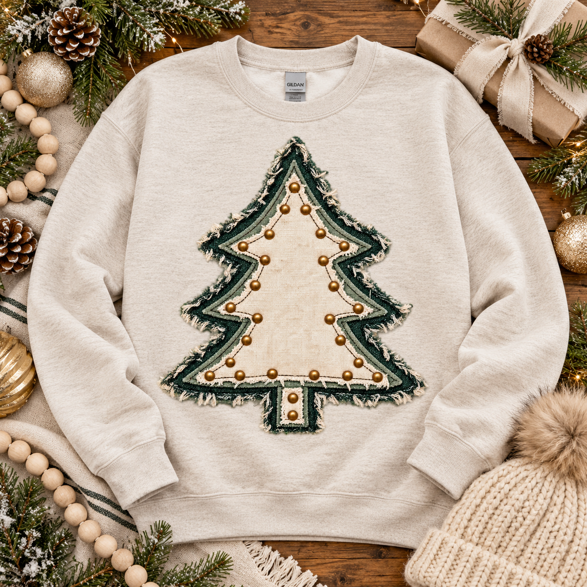 Rustic Fringe Layered Christmas Tree with Gold Studs (DTF)
