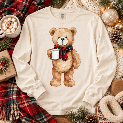 Cozy Teddy Bear with Plaid Scarf Holding Cup (DTF)