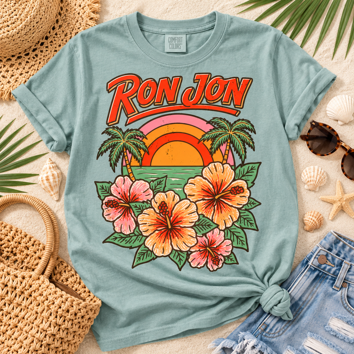 Vintage Tropical Sunset Hibiscus Floral Beach Scene (DTF)
