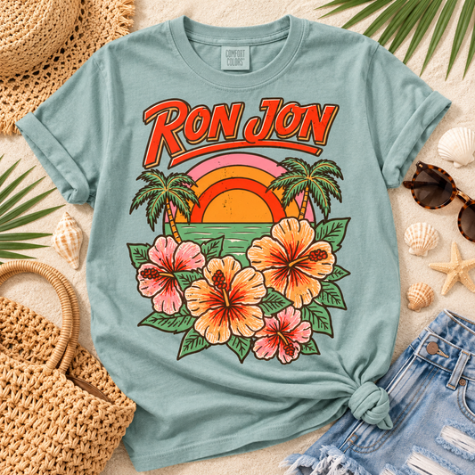 Vintage Tropical Sunset Hibiscus Floral Beach Scene (DTF)