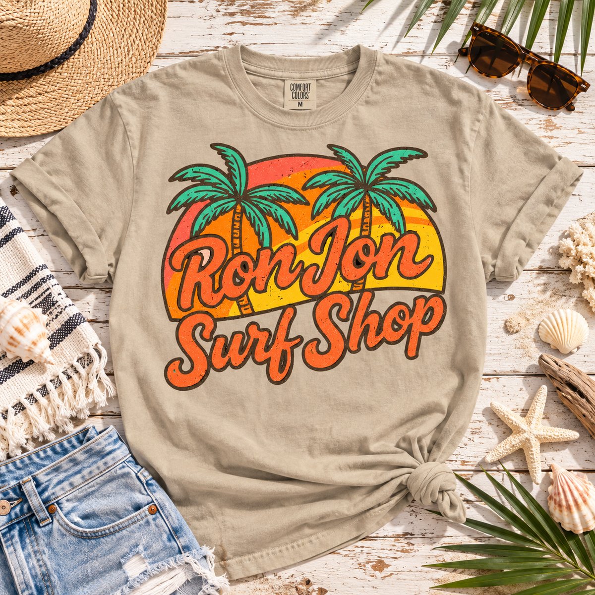 Retro Sunset Palm Trees Surf Shop Script Logo (DTF)
