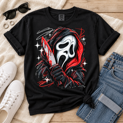 Screaming Ghost Mask Killer Bloody Knife Sketch Art (DTF)