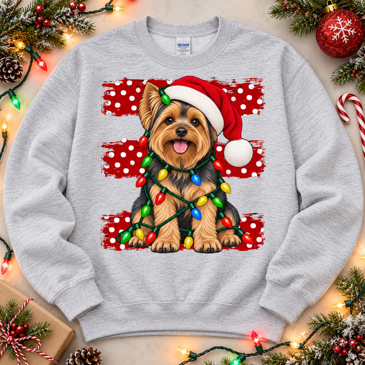 Yorkie Santa Hat Christmas Lights Polka Dot (DTF)