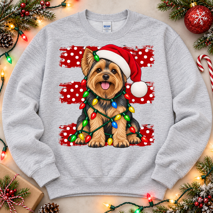 Yorkie Santa Hat Christmas Lights Polka Dot (DTF)