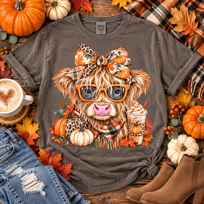 Fluffy Highland Cow Fall Pumpkin Spice Latte Bow (DTF)