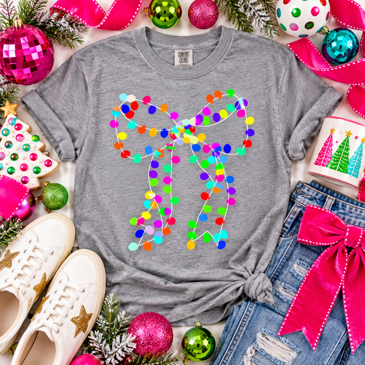Colorful Christmas Light String Bow Shape (DTF)