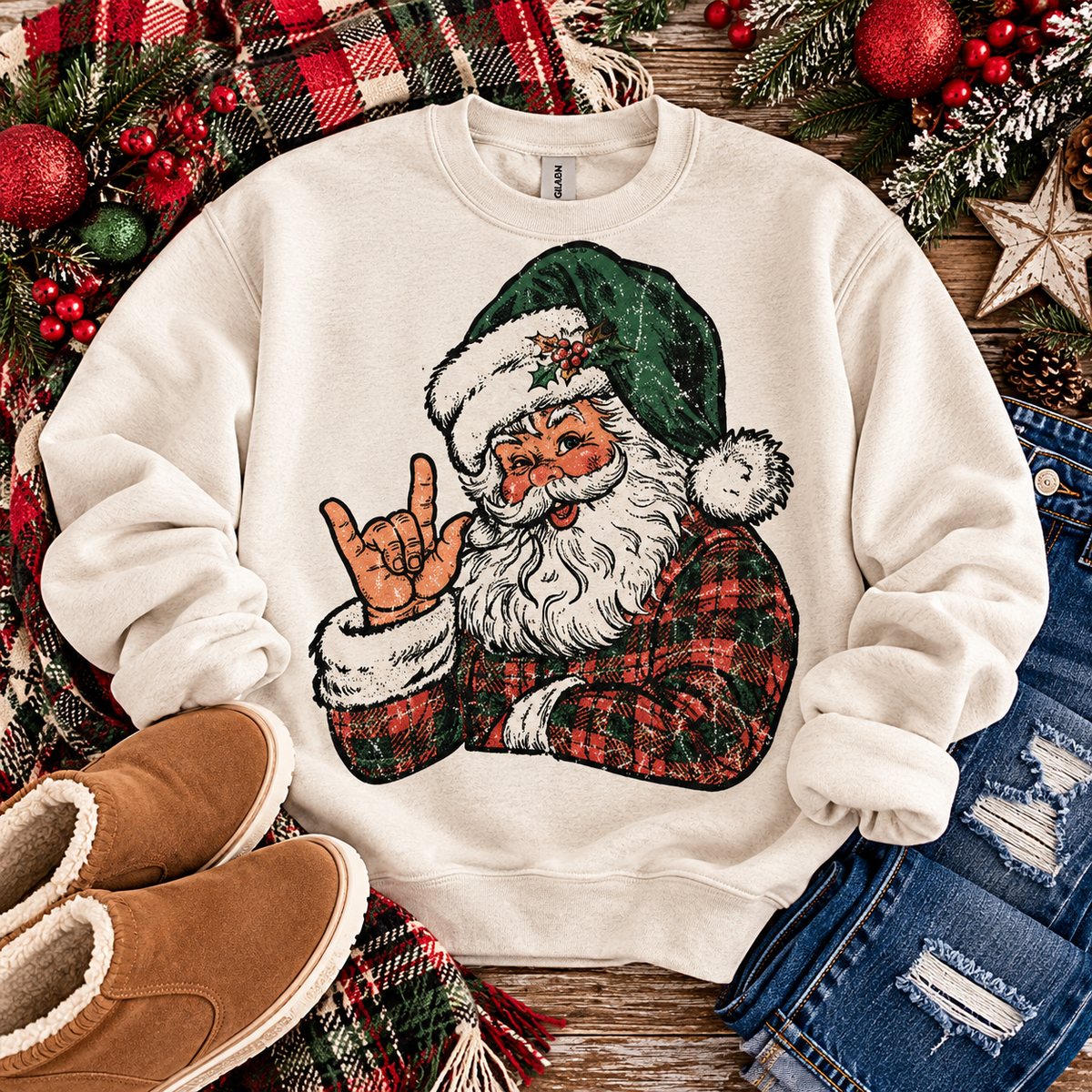 Vintage Rock On Santa Green Hat Plaid Suit Grunge (DTF)