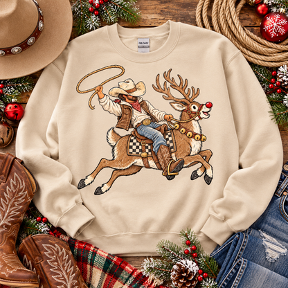 Western Cowboy Riding Red-Nosed Reindeer with Lasso (DTF)