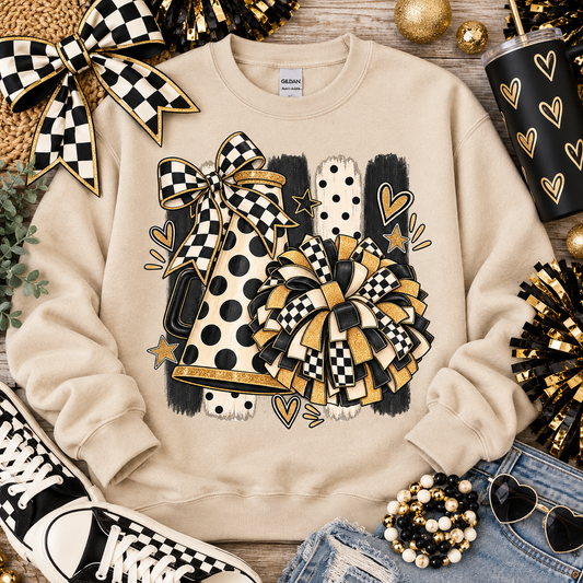 Black Gold Checkered Megaphone Pom Pom Bow Cheer (DTF)