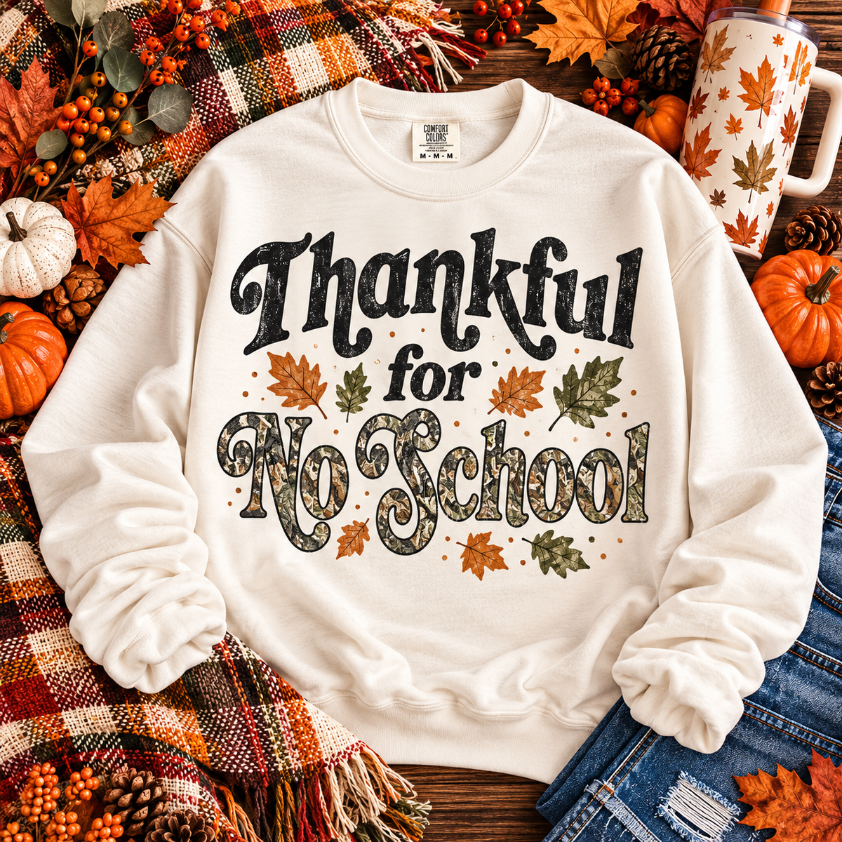 Thankful for No School Camo Text (DTF)