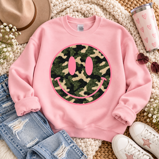 Pink Camo Chenille Smiley Face (DTF)