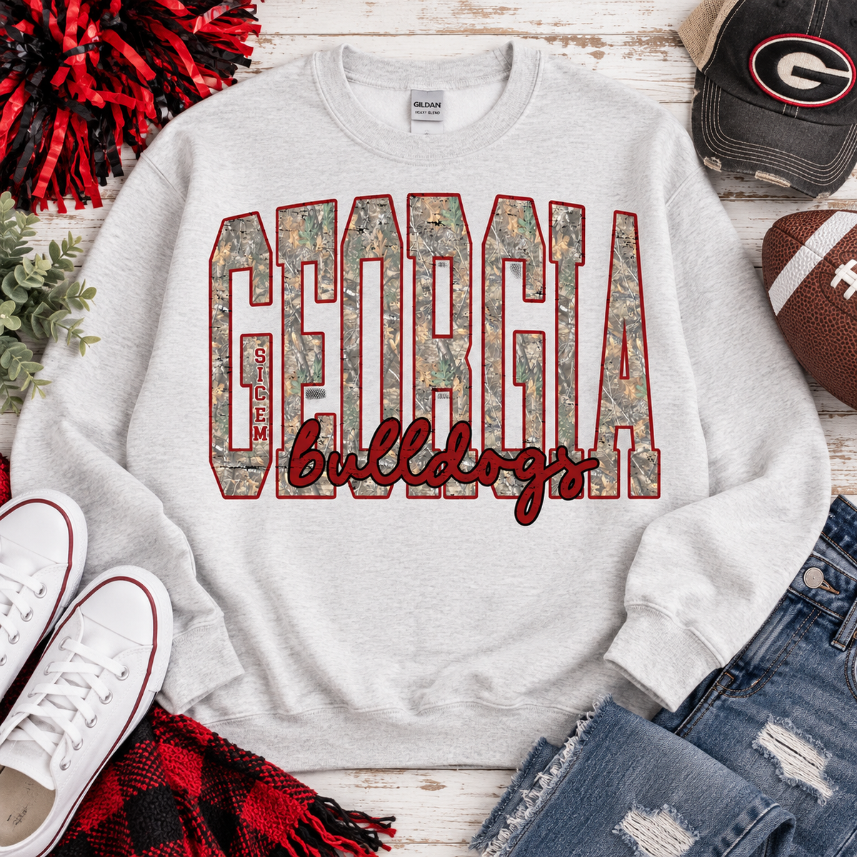 Georgia Bulldogs Camo Distressed Script Stars (DTF)
