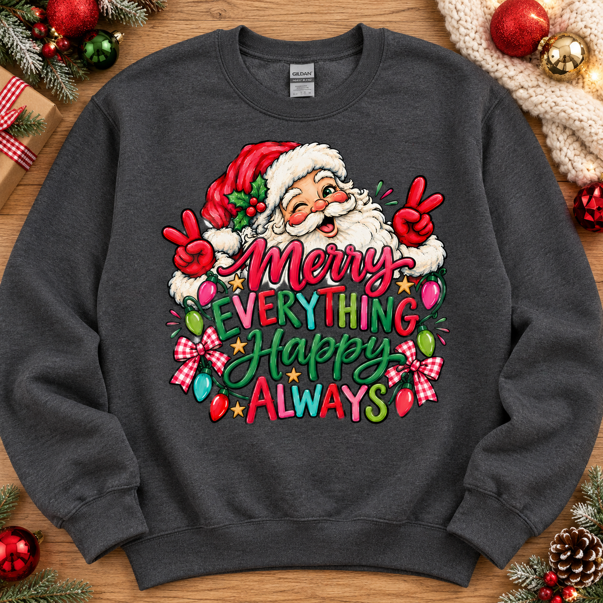 Merry Everything Happy Always Winking Santa Peace Signs (DTF)
