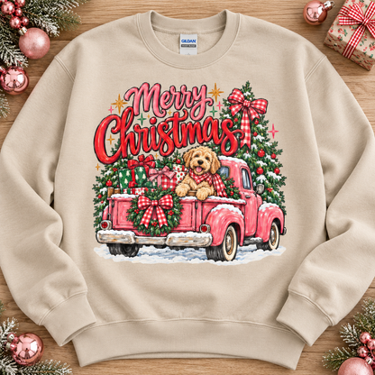 Merry Christmas Goldendoodle Pink Vintage Truck (DTF)