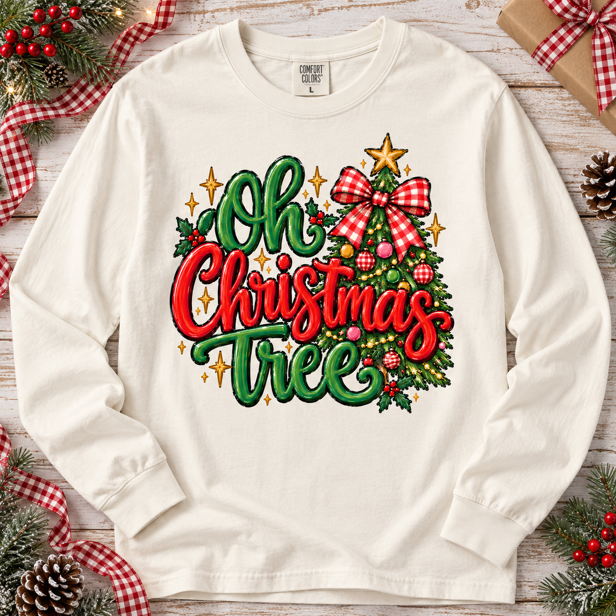 Oh Christmas Tree Plaid Bow Holiday Script Design (DTF)