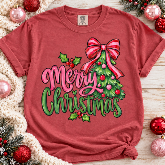 Merry Christmas Tree Pink Red Bow Holly Script (DTF)