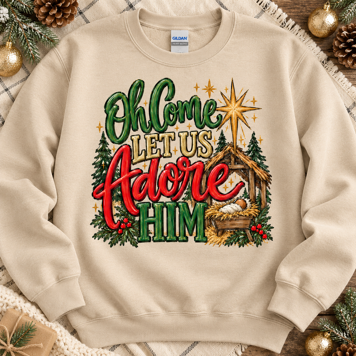 Oh Come Let Us Adore Him Nativity Christmas Star (DTF)