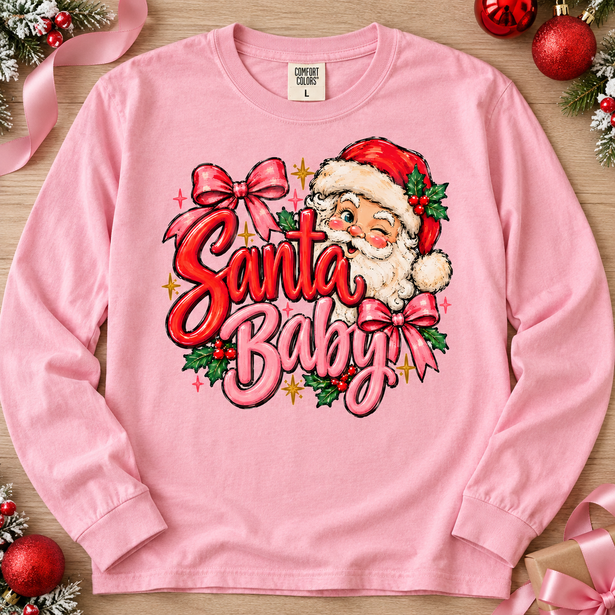 Santa Baby Winking Santa Holly Bows Sparkles (DTF)