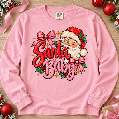 Santa Baby Winking Santa Holly Bows Sparkles (DTF)