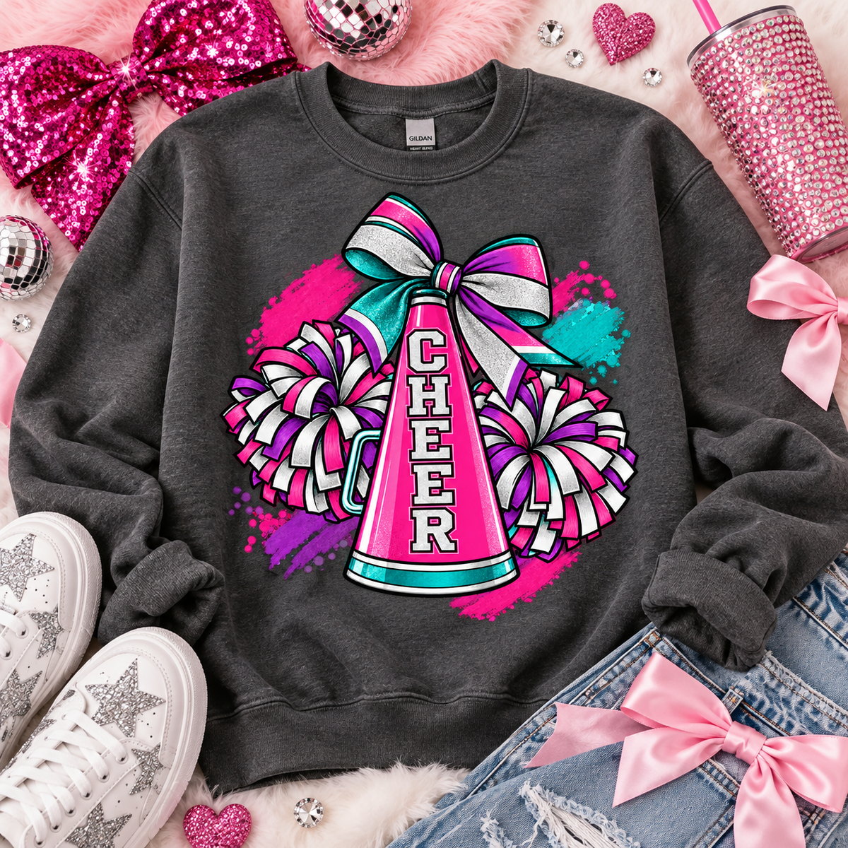 Cheer Megaphone Pom Poms Glitter Bow Pink Purple Teal (DTF)