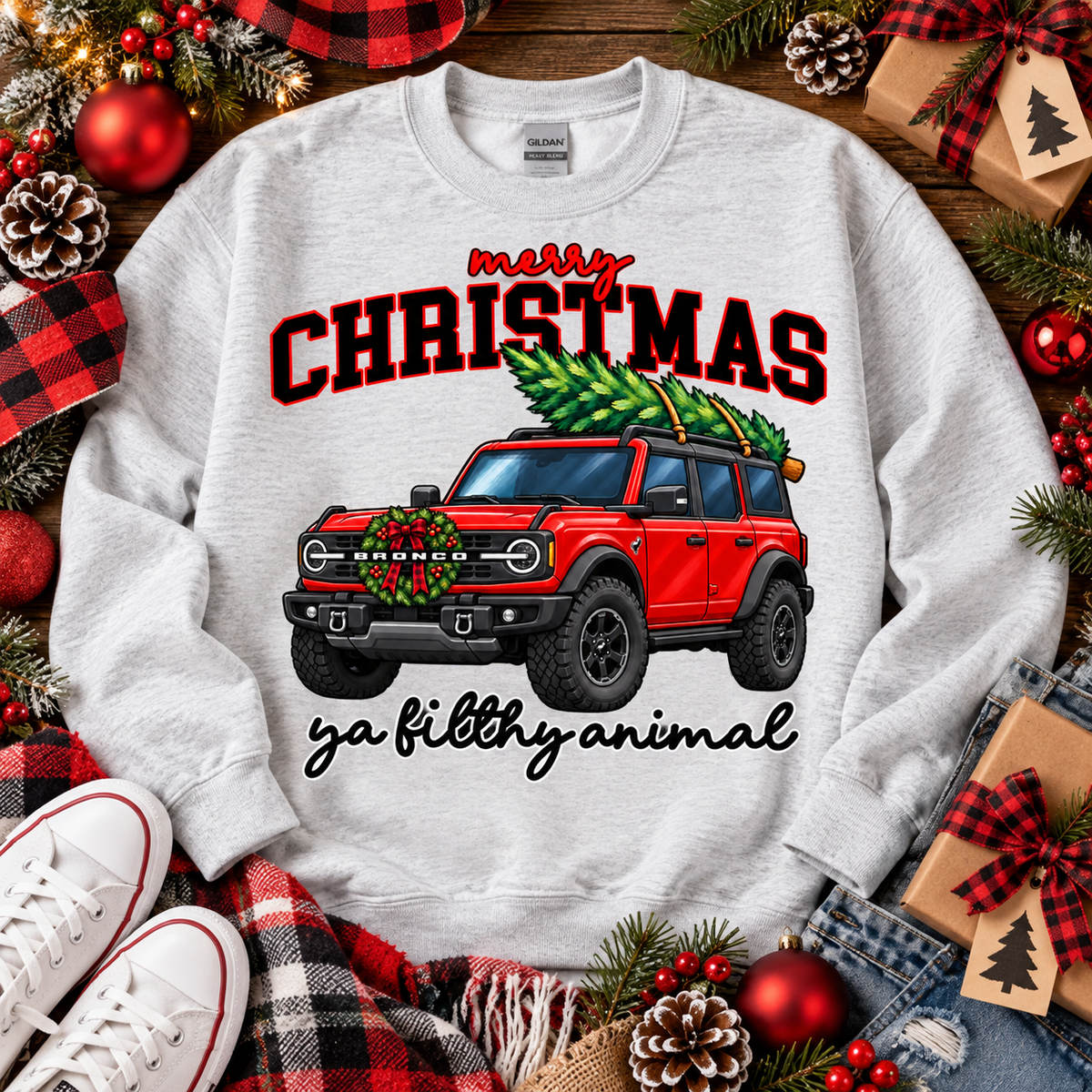 Merry Christmas Ya Filthy Animal Red 4x4 SUV Holiday (DTF)