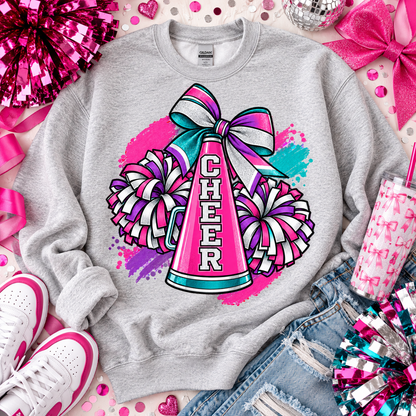 Cheer Megaphone Pom Poms Glitter Bow Pink Purple Teal (DTF)