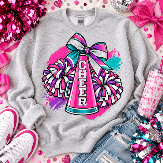 Cheer Megaphone Pom Poms Glitter Bow Pink Purple Teal (DTF)