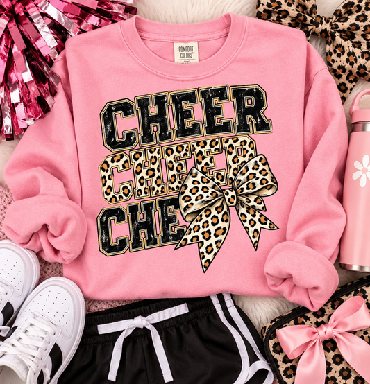 Cheer Stacked Varsity Letters Leopard Print Bow (DTF)