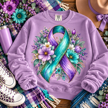 Teal Purple Awareness Ribbon Floral Gold Glitter (DTF)