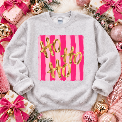 Ho Ho Ho Gold Script Pink Stripe Christmas (DTF)