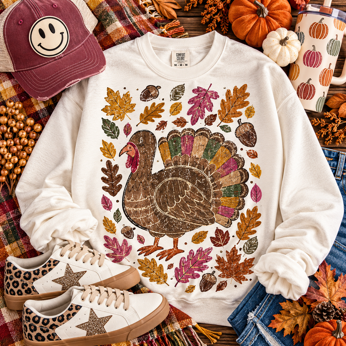 Thanksgiving Turkey Colorful Fall Leaves Acorns (DTF)
