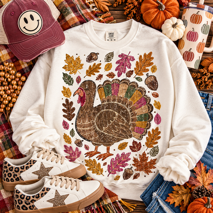 Thanksgiving Turkey Colorful Fall Leaves Acorns (DTF)