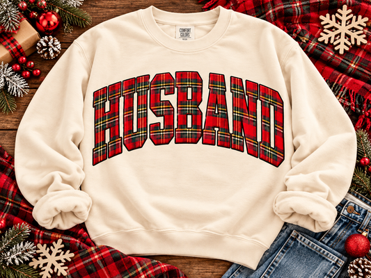 Red Plaid Arched Varsity HUSBAND Lettering (DTF)