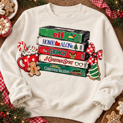 Stacked Christmas Movie VHS Tapes with Holiday Treats (DTF)