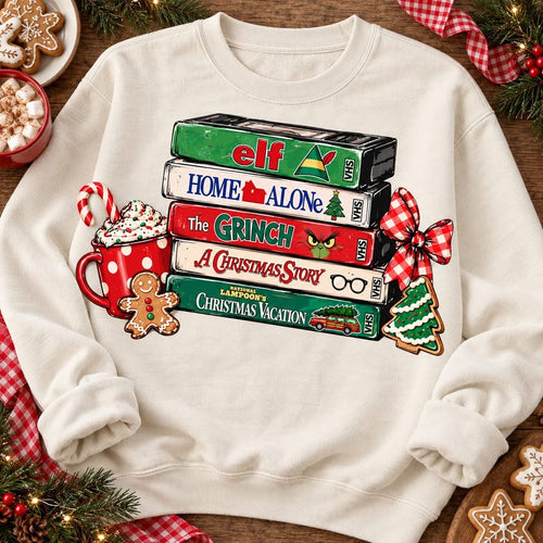 Stacked Christmas Movie VHS Tapes with Holiday Treats (DTF)