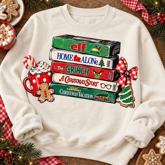 Stacked Christmas Movie VHS Tapes with Holiday Treats (DTF)