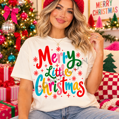 Merry Little Christmas Colorful Festive Script with Snowflakes (DTF)